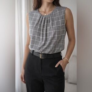 Calvin Klein Houndstooth Sleeveless Blouse Black White Work Office Top L